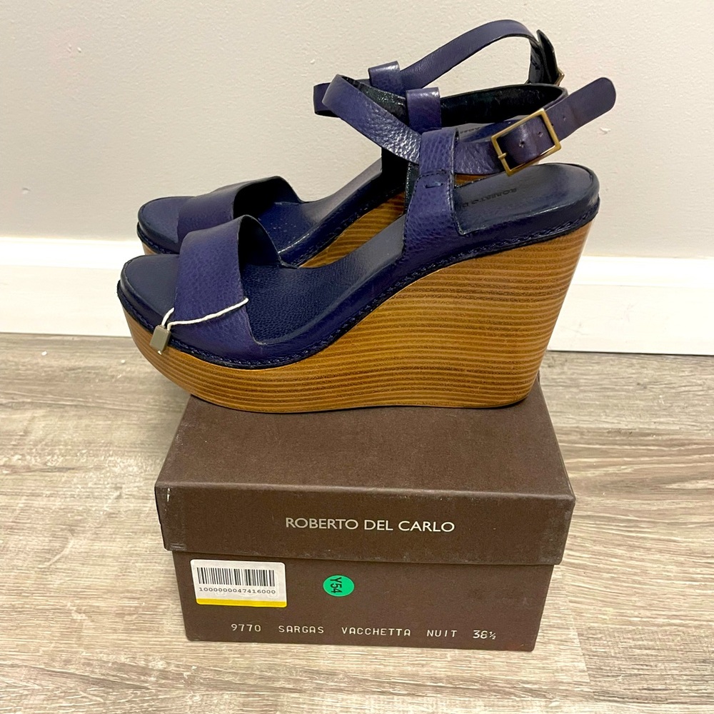 NIB Roberto Del Carlo Blue Wedge Sandals size 39